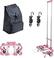 FSNEODYV Shopping Trolley， Stainless Steel Folding Shopping Cart with Oxford Shopping Bag and Wheels Lightweight Mini Trolley(Pink,A)