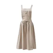 Women Bib Dress Apron Sleeveless Cotton Linen Pinafore Kitchen Cooking Florist Beige XL