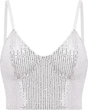 [Generic] Women Sexy Sequins Tank Top Spaghetti Strap Crop Top Tight Sleeveless Tube Top for Rave Clubwear