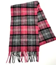 James Pringle Weavers Pure Wool Scarf Pink Gray Plaid Fringe Trim
