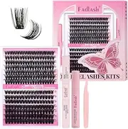 FADLASH Lash Extension DIY Kit Lash Clusters D Curl Cluster Lashes with Lash Bond and Seal Cluster Lashes Glue Remover Lash Tweezers for DIY Eyelash Extension at Home（Kit 60D+80D-0.07D-12-18MIX）