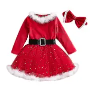 Girl Christmas Dress Long Sleeve Christmas Dress+headband 2pcs Outfits 90cm