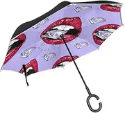 Double Layer Inverted Umbrella Cars Reverse Umbrella Sparkling Diamond Lips Windproof UV Proof Travel Outdoor Umbrella