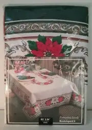 Poinsettia Scroll Tablecloth 60" x 84" White Red Gold Grn Christmas Holiday