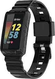 intended for Fitbit Charge 5 Bands with Bumper, TPU Sport Protective Case Rugged Protector Replacement Strap Accessories intended for Charge 5 Smart Watch (Black)