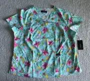 Koi Basics Scrub Top Women’s Sz 2X Tweety Green Bird Floral Nursing Medical *Tag
