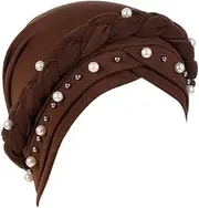 [Generic] Women Pearl Braid Turban Hat Twisted Beanies Bandana Headwrap Cap