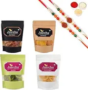 Jaiccha Ghasitaram Rakhi Gifts for Brothers Rakhi Dryfruits - Pack of 4 Dried Kiwi, Pineapple, Papaya, Mango Pouches Small 400 GMS with 2 Rudraksh rakhis