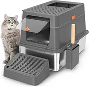 HiHloy Enclosed Stainless Steel Cat Litter Box with Lid, Extra Large Metal Litter Pan Tray with High Wall Sides, Large Scoop Holder, Sloping Pedal, Non-Sticky, Anti-Leakage, Easy Cleaning