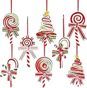 8 Pieces Christmas Tree Lollipop Ornaments Polymer Clay Candy Cane Hanging Decorations with Ribbon, Sweet Candy Pendant Xmas Tree Wreath Party Supplies
