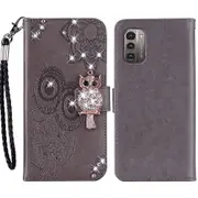 Rhinestone Decor Leather Case For Nokia G11/g21, Owl Flower Imprinted Wallet Stand Phone Cover