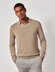 Hawes & Curtis Taupe Open Collar Knitted Cotton Polo Shirt | Long Sleeve Size: Small