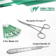 1 Scalpel Knife Handle #3 + 5 Pcs Sterile Surgical Blades #11 + Hemostat Forceps