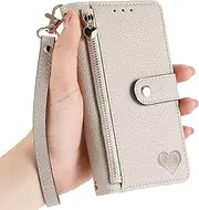 [BEENTRYS] Leather Wallet Case for Sony Xperia 1 V Cover,Heart Pattern Card Holder Slots Kickstand RFID Blocking Zipper Pocket Magnetic Closure Shockproof PU Flip Folio Phone Case-Grey