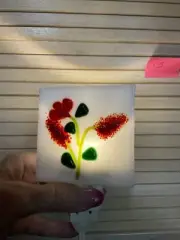 Handmade Fused Glass Night Light. Red Flowers On White