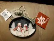 Trio Wood Snowmen Painted Blue Cardboard Oval Shape Christmas Ornament Wire Trim