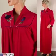 APPEL Red Nightgown Maxi Robe Housecoat Fleece Embroider Half Zip S Deadstock
