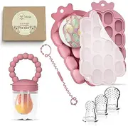 O’doe Silicone Baby Popsicle Molds & Baby Food Feeder with 1 Clip, 2 Pack Freezer Tray with Lid, 2 Breastmilk Popsicle Molds for Teething Relief, BPA Free (Pink, Baby Starter Set)