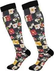 [AIXIWAWA] Sports Socks-Checkered Flower 1 Pair for Women Men, Knee High Long Socks for Athletic Casual, Multicolor