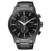 在飛比找ETMall東森購物網優惠-CITIZEN星辰 光動能 影黑時尚三眼計時腕錶 CA061