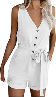 [Generic] Women's Plus Size Dungarees Cotton Linen Playsuit,Casual Loose V Neck Bowknot Jumpsuits with Pockets Elegant Baggy Sleeveless Overall Office Workwear Holiday Pants