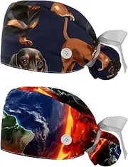 [YTYVAGT] 2-Pc,Nurse Scrub Caps,Scrub Hats with Buttons and Cotton Sweatband,Black Brown Dachshund Dog