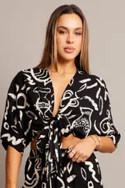 Ally Fashion Black Abstract Tie Up Bolero Short Sleeve - Size 12, Women's Bolero