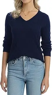 QUALFORT Women's 100% Cotton V Neck Cable Knit Pullover Sweaters