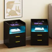 Advwin Set of 2 Bedside Table 2 Drawers LED Nightstand with Human Induction and Wireless Charging Station USB & Type-C Port Black