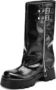 TEAIEUI Knee High Boots Women Fold Over Boots for Women Platform Lug Sole Buckle Moto Biker Boots Round Toe Dress Riding Boots