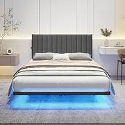 VERFARM Floating Bed Frame Double with LED Lights and Charging Station, Double Bed Frame with Upholstered Headboard, Metal Platform Bed Frame Double Size with Under Bed Storage, No Box Spring Needed