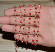 bulk beaded rosary chain, 3mm red glass beads 925 silver wire wrapped body chain