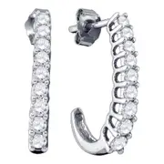 14k White Gold Round Diamond Half J Hoop Earrings 1 Cttw