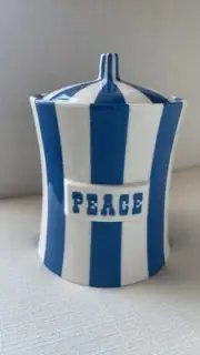 Jonathan Adler ~ "PEACE" Canister ~ Blue and White Stripe