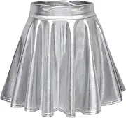 [EXCHIC] Women's Shiny Metallic Wet Look Stretchy Flared Mini Skater Skirt