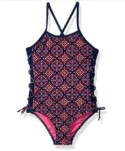 Limited Too Girls' Print Mixing W/Texture Fabric Swimsuit Navy Size 5