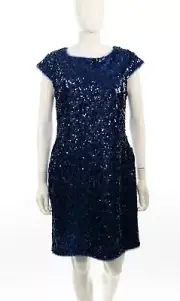 Aidan Mattox Womens Blue Crew Neck Sequined Short Sleeve Sheath Dress Size 12