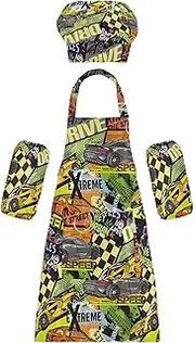 AIXIWAWA Kids Apron Chef Hat Set, Child Kitchen Bib Aprons Adjustable for Cooking Baking Painting (Sport Cars)