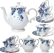 [LE POTOCIO] 21-Piece Bone China Tea Set for Adults, Blue and White Porcelain Tea Set for 6, Vintage Floral Tea Set With Teapot Creamer Pitcher Sugar Bowl and Teaspoons, Tea Party Sets for Women Gift