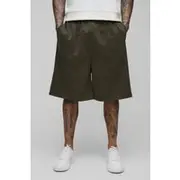 Mens Khaki Tall Oversized Pintuck Dropped Crotch Scuba Shorts