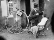The hairdresser from Middlesex rides to his clients on a Penny Far- Old Photo