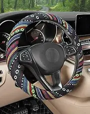 SEG Direct Boho Steering Wheel Cover with Baja Blanket Cloth, Ethnic Style Auto Wheel Cover Made of Coarse Flax, Fits 14 1/2-15 1/4 inches Car Wheel