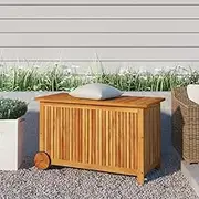 Garden Storage Box with Wheels 90x50x58 cm Solid Acacia Wood, Waterproof Outdoor Patio Deck Shed Furniture, Large Chest for Pool, Cabinet Bench or Bin Use