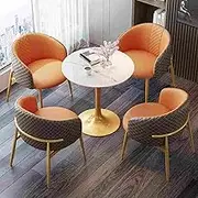 Modern Marble Round Office Conference Table Set, Leather Seat and Bold Metal Base, Small Meeting Room Table for Negotiation Meetings (Coffee + Orange)
