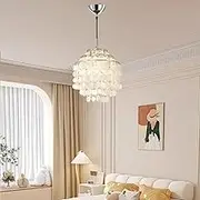 White Shell-Inspired Chandelier with Adjustable 20+30cm Chrome Pendant Light Rods,E27 Bulb Compatible Ceiling Light for Living Room,Bedroom,Corridor(45cm, White)
