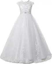 [HYGLJL] White First Communion Baptism Dresses for Girls 7-16 Lace Princess Flower Girls Gown 10