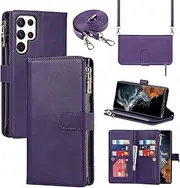 [Cavor] for Samsung Galaxy S22 Ultra Case 6.8 inch PU Leather Folio Flip Wallet Back Cover Magnetic Case with Long Shoulder Lanyard Zipper Coin Purse 9 Card Holder Kickstand Wristlet Strap-Purple