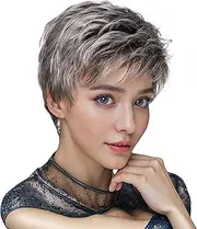 Grey Pixie Cut Wig Short Grey Wigs Short Pixie Gray Wigs for Black Women Natural Wavy Short Curly Gray Wigs (Grey 1)