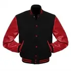 New Real Black Wool Varsity Letterman College Bomber Jacket Red Leather Sleeves