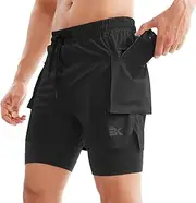 [BROKIG] Men's 2 in 1 Running Shorts, Quick Dry Sport Shorts Workout Fitness Gym Shorts Men with Zip Pockets